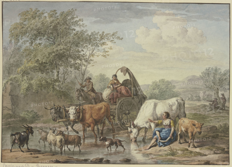 Shepherds drive a cart through the water, a shepherdess washes her feet by a white cow on the right. Creator: Aert Schouman.