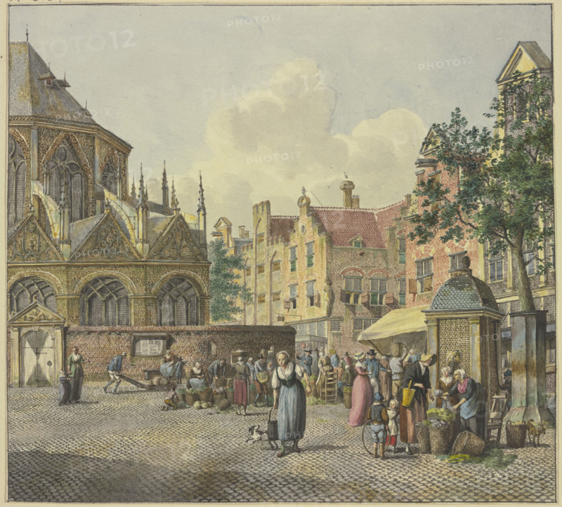 On the left, the chancel of a church; on the right, a well house with vegetable vendors, 18th cent. Creator: Johannes Huibert Prins.