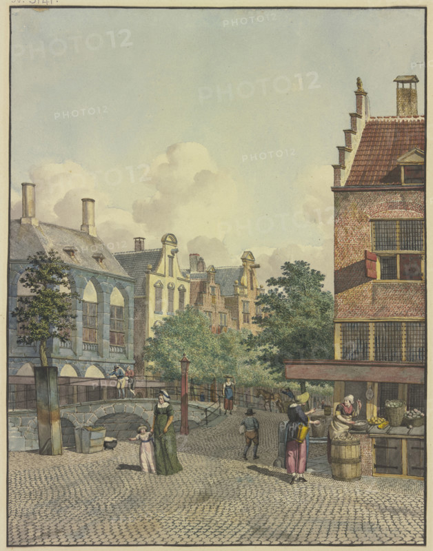 Stone bridge, a shop on the right, 18th century. Creator: Johannes Huibert Prins.