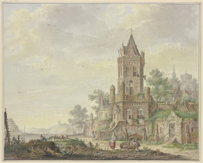 Town with an old tower by the water, a woman with a boy and two sheep in the foreground, 18th centur Creator: Pieter Bartholomeusz. Barbiers.