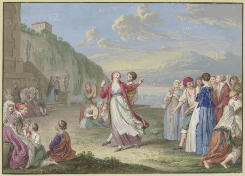 Italian peasants entertaining themselves by the lake with games and dancing..., 18th century. Creator: Friedrich Tischbein.