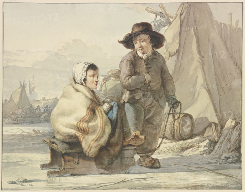 Girl on a sled, next to her a boy, in a camp, 18th century. Creator: Jacob van Strij.