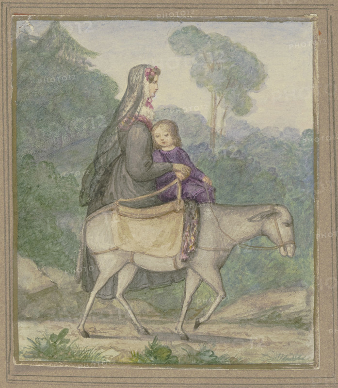 Mother and child riding on a donkey, 19th century. Creator: Unknown.