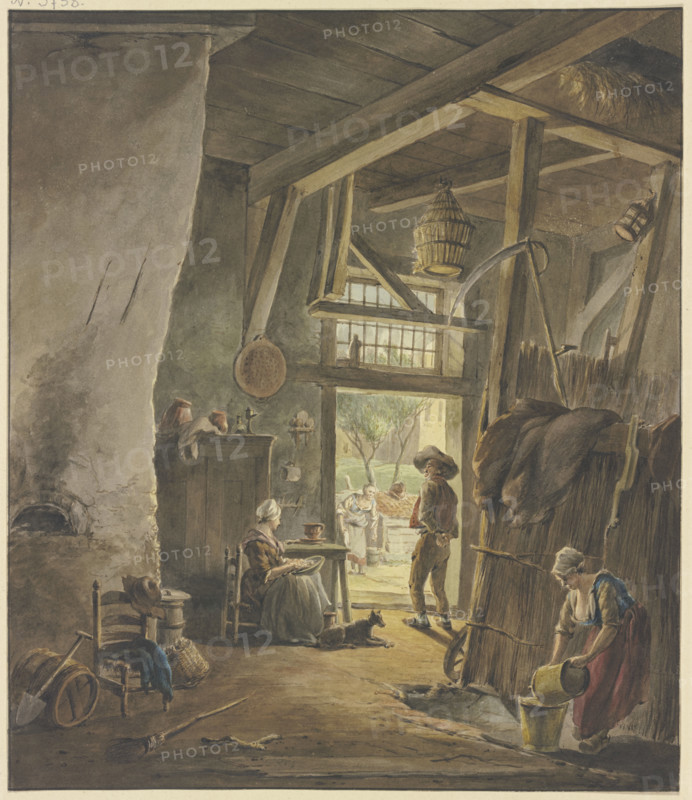 Inside a farmhouse, the woman sits by the door, talking to the man leaving..., late 18th century. Creator: Hermanus van Brussel.
