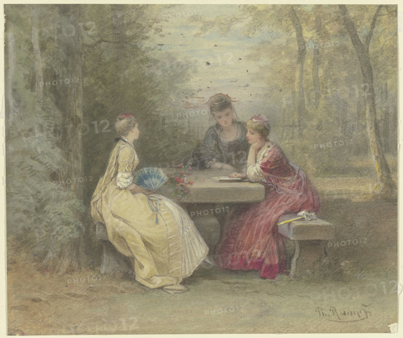 Lecture in the park, three young ladies in Watteau-esque costumes sit around a..., 19th century. Creator: Philipp Rumpf.