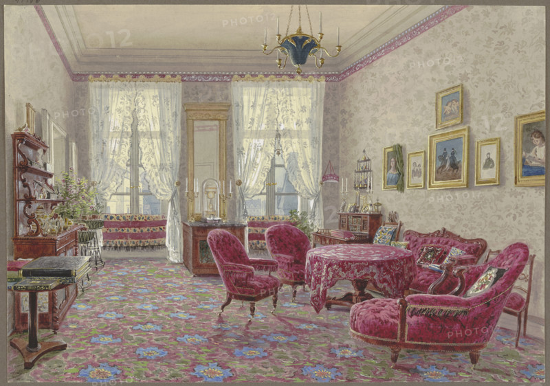 Interior with red furniture, 19th century. Creator: German, 19th century;.