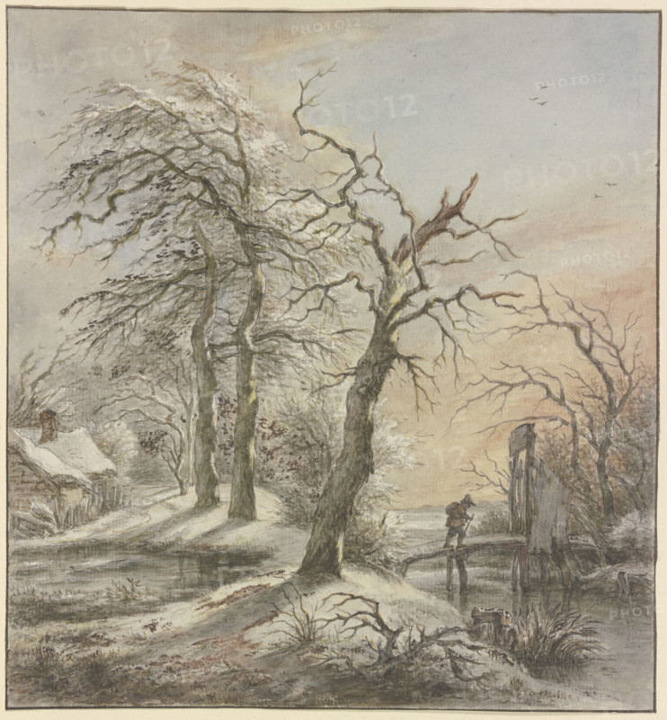Winter landscape, a hiker crosses a stream on a footbridge, 18th century. Creator: Jan Hulswit.