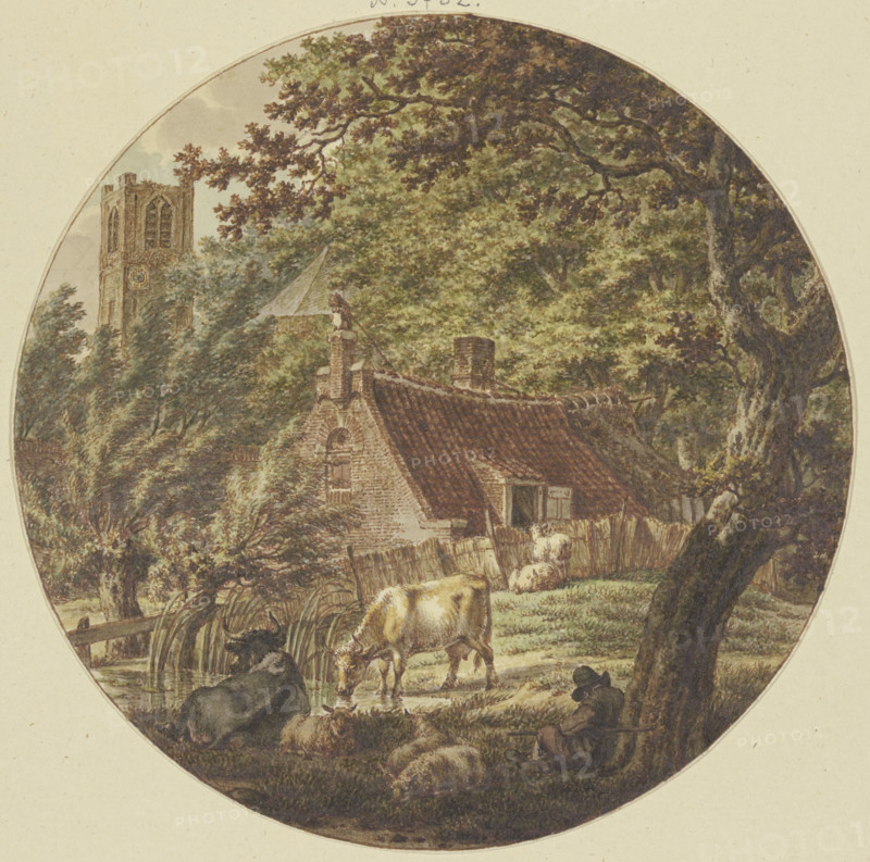 Hut in the woods with some cattle, a church tower on the left, 1788. Creator: Jacob Cats.