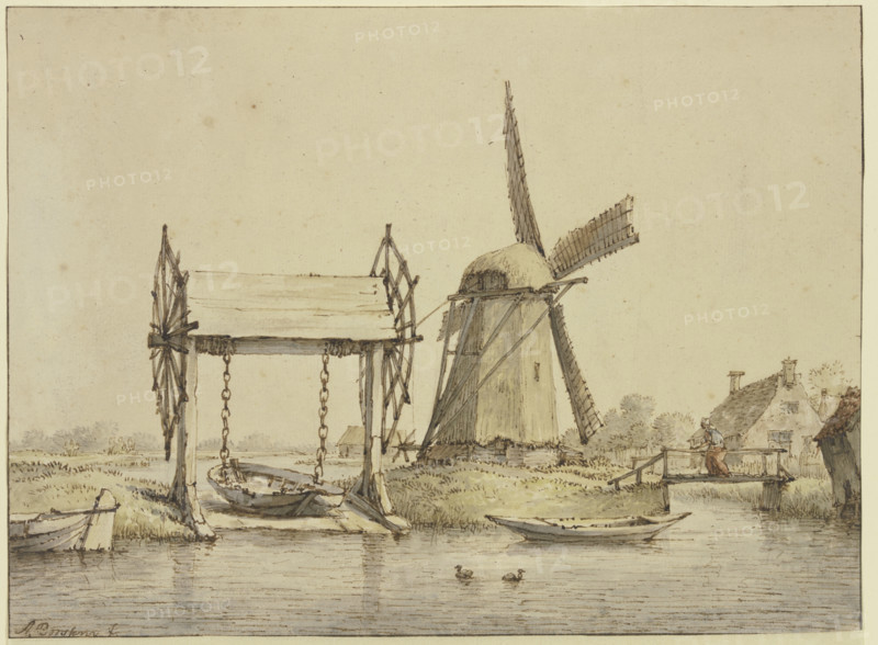 Landscape with a boat lift and a mill, 17th century. Creator: Anthonie van Borssom.
