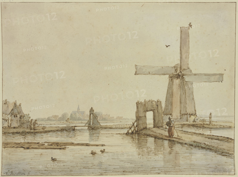 Windmill on a narrow causeway, three ducks in the foreground, 17th century. Creator: Anthonie van Borssom.