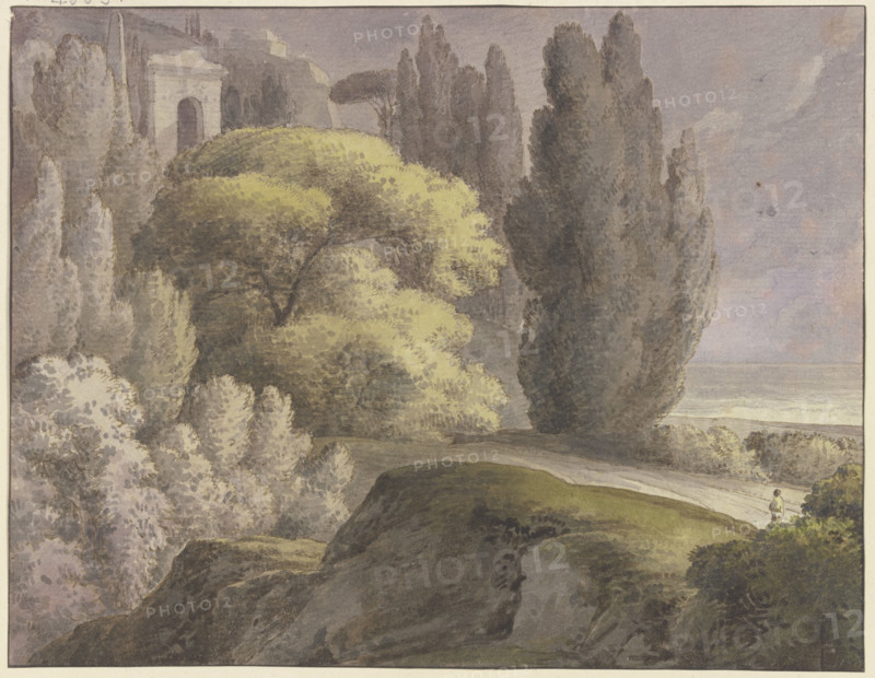 Landscape with ancient buildings among tall trees, 18th century. Creator: Franz Kobell.