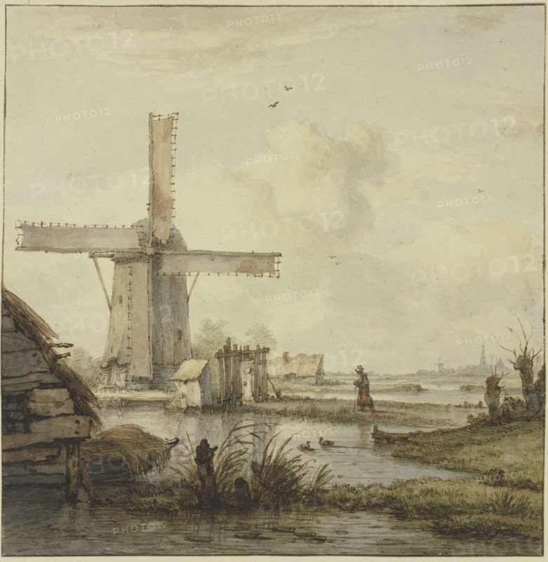 Windmill in front of a town with a tall tower, a woman walking on a cane..., 18th century. Creator: Jan Hulswit.