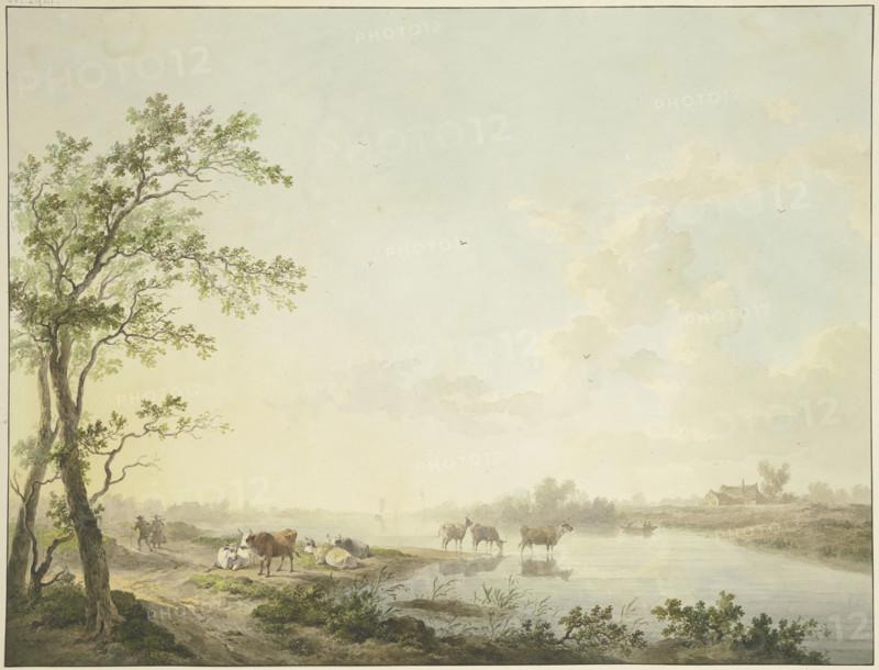Foggy morning by a river, seven cows on the bank, some standing in the water, 1803. Creator: Abraham Teerlink.