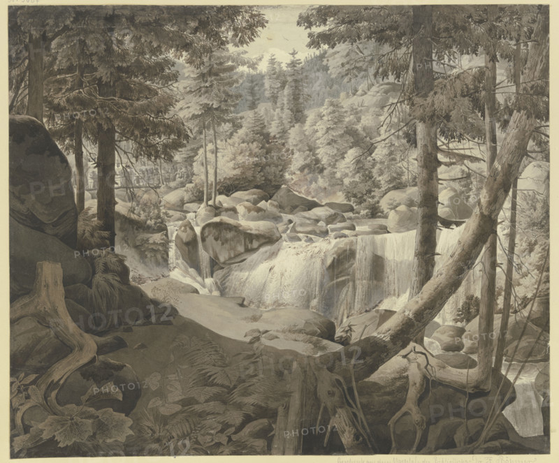 Wooded landscape with a waterfall, pilgrims crossing a bridge in the background, 19th century. Creator: August Georg Friedrich Lucas.
