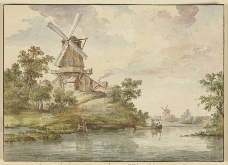 Small river with two windmills on its banks, 18th century. Creator: Jean George Teissier.