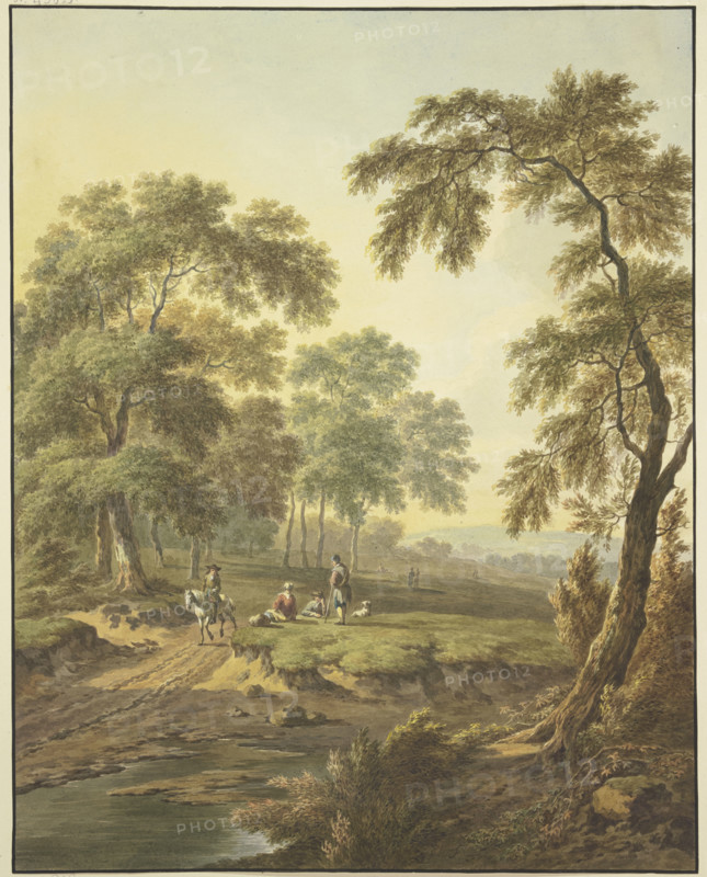 Forest meadow with water, a rider on a white horse on the path, along with some people resting... Creator: Abraham Teerlink.
