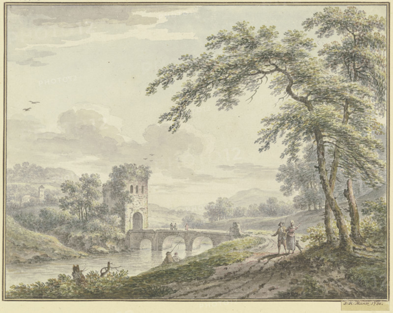 Landscape with a bridge and tower; to the right, under a tree, a couple with a dog, 1760. Creator: Johann Heinrich Muntz.