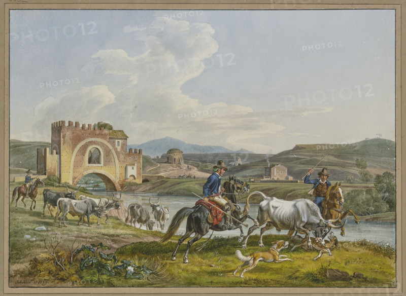 Roman Campagnoli on horseback capture a bull with dogs, 1829. Creator: Johann Adam Klein.