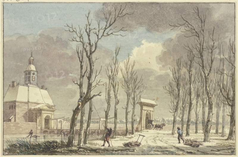 City gate with turrets in winter, a long bridge leads across the canal to an avenue, 18th century. Creator: Hermanus Numan.