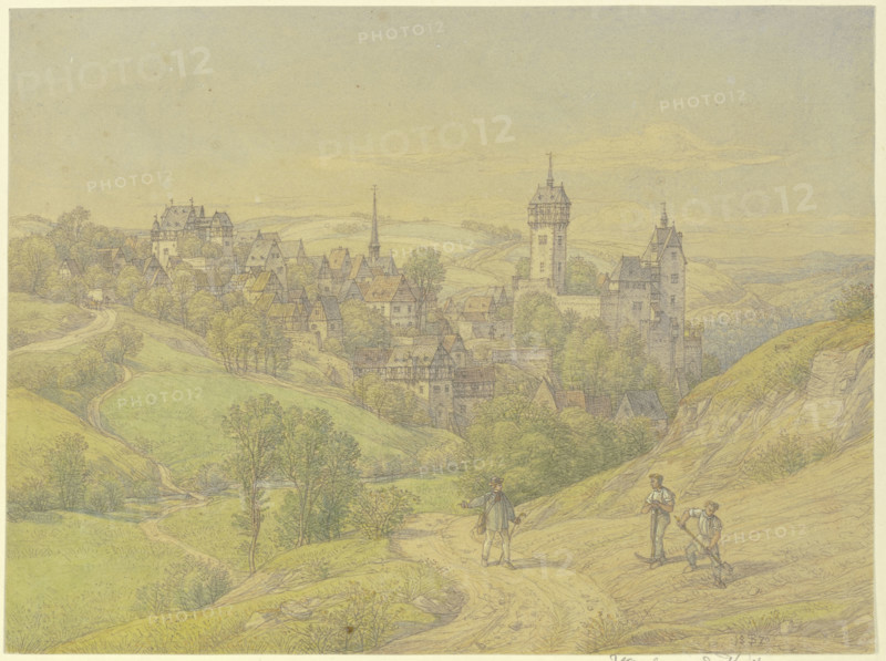 Kleeberg in the Wetterau region, a small mountain town with old towers, a castle, and a church, 1870 Creator: Peter Becker.