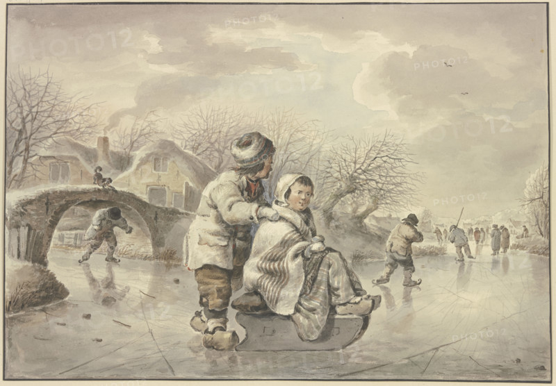 Winter landscape with skaters, 18th century. Creator: Jacob van Strij.