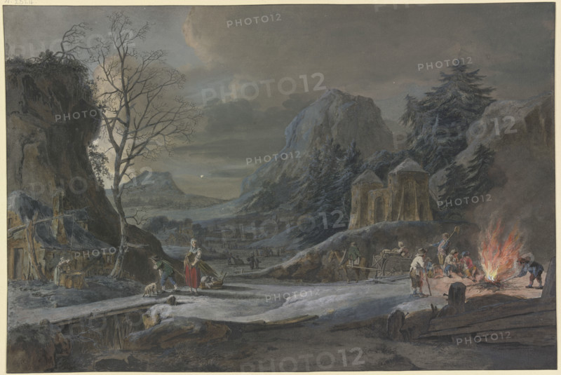 Winter landscape in moonlight, on the right farmers tend a large fire, 1777. Creator: Bernhard Heinrich Thier.
