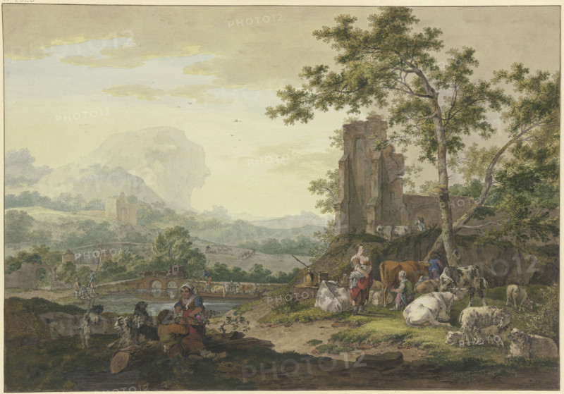 Landscape, a ruin on the right, a group of cattle with shepherds, a woman milking a cow..., 1777. Creator: Bernhard Heinrich Thier.