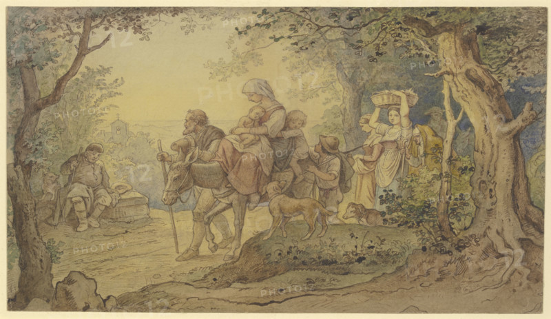 Train of Italian peasants, a woman with two children riding on a donkey..., 19th century. Creator: Ludwig Richter.