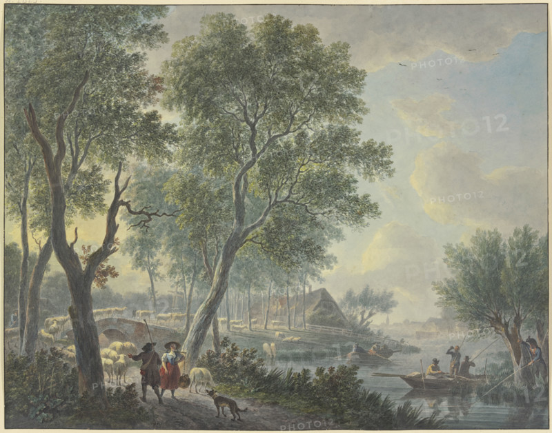 On the left, a shepherd meets a milkmaid; on the right, three fishermen in a boat.., 19th century. Creator: Abraham Teerlink.