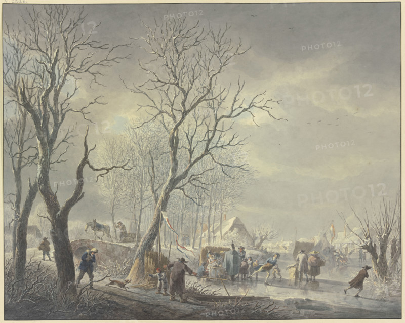 Winter landscape, skaters near tents on the canal, a hussar embraces a girl holding...19th century. Creator: Abraham Teerlink.