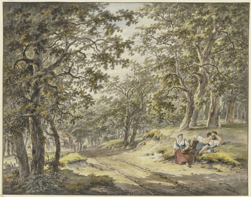 Path through the forest past a farmstead, a farmer and his wife resting..., 18th century. Creator: Hermanus van Brussel.