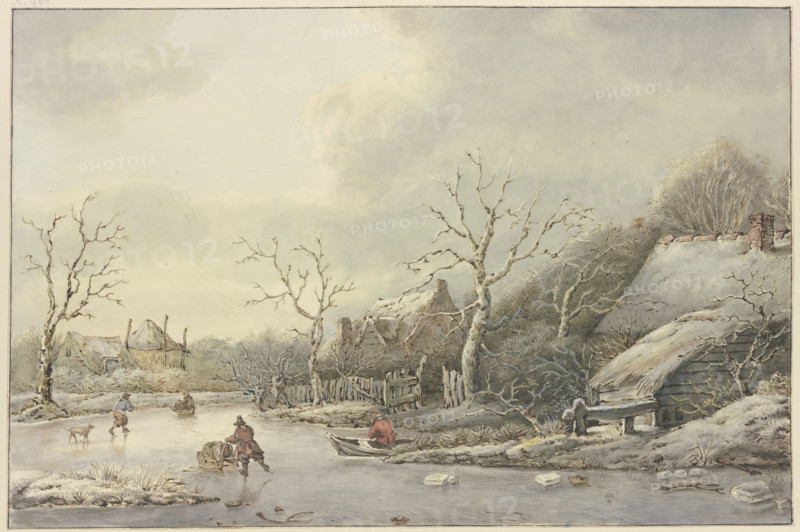 Winter landscape with skaters on a canal, 18th century. Creator: Jan Hulswit.