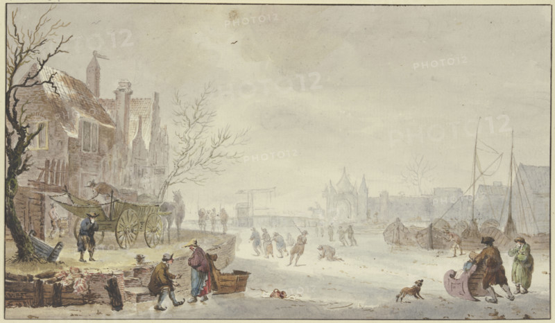 Winter landscape, on the river ice skaters, on the left a wagon at the quay, 18th century. Creator: Johannes Hermanus van Loon.