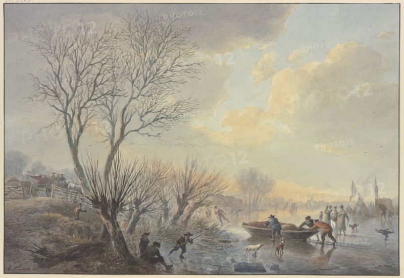Winter landscape, on the ice three men push a boat towards the shore, two dogs..., 19th century. Creator: Abraham Teerlink.