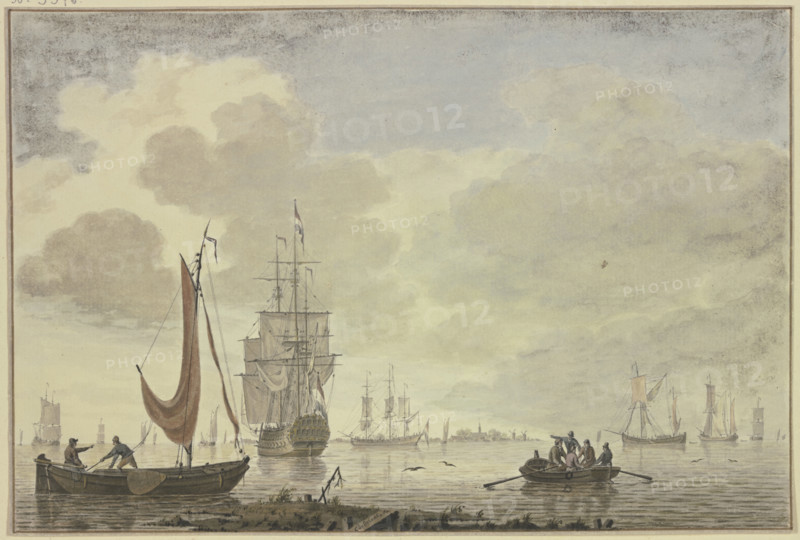 Marine, on the right a rowboat with five figures, 18th century. Creator: Cornelis de Grient.