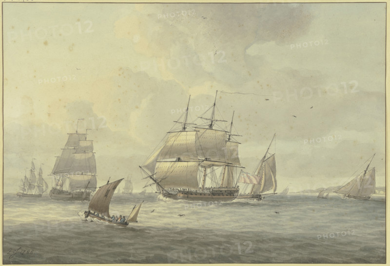 Slightly choppy sea, among many ships a three-masted ship with full sails to the left..., 1788. Creator: Dominic Serres.