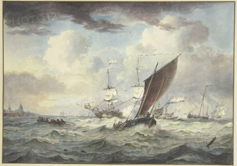 Rough sea with many ships, a large ship is loading a cannon, in front of it a boat...18th century. Creator: Leendert de Koningh.