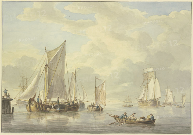 Calm sea with many ships, in the foreground a boat with three rowers and a woman, 19th century. Creator: Martinus Schouman.
