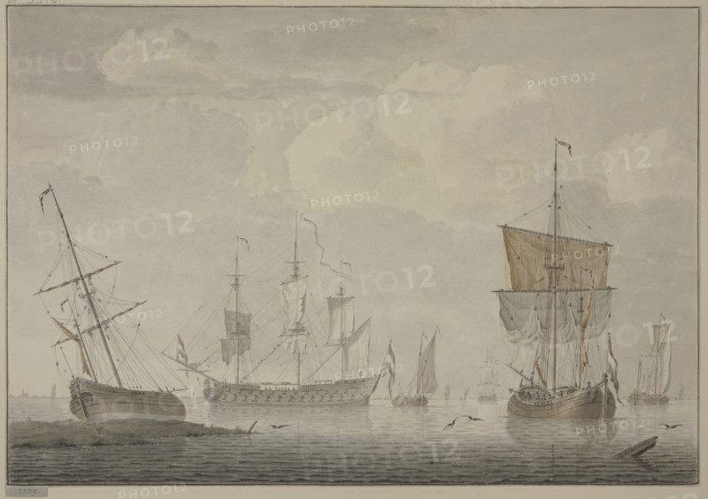 Calm sea with many ships, on the left a ship lies on the beach, 1769. Creator: Cornelis de Grient.
