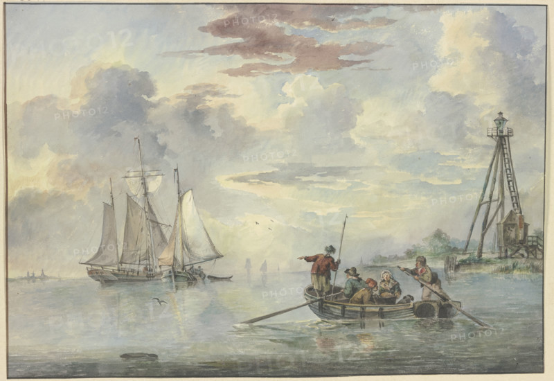 Calm sea, the sun rises, in the foreground a boat with several people heads towards..., 18th century Creator: Leendert de Koningh.