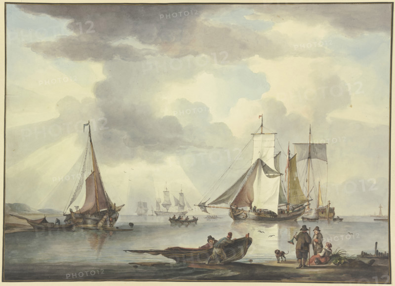 Many ships, on the right on the beach a woman and two men, one of whom holds..., 18th century. Creator: Leendert de Koningh.