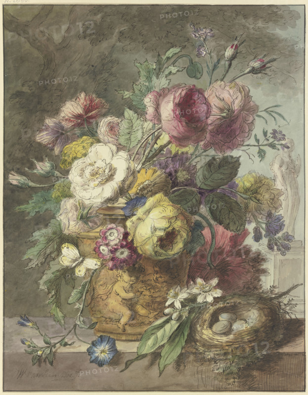 Still Life with Bouquet of Flowers and Bird’s Nest before a Park Landscape, 1802. Creator: Willem van Leen.