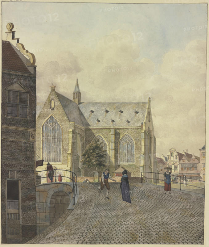 Church by a bridge, a lame beggar with a lady, 1797. Creator: Johannes Huibert Prins.