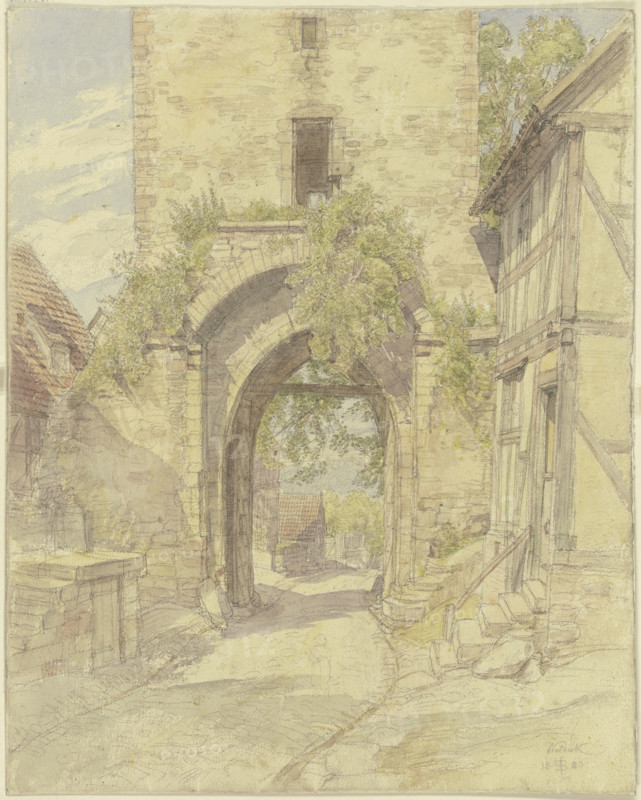 Gateway in Waldeck with a view of a road leading downhill, 1880. Creator: Peter Becker.