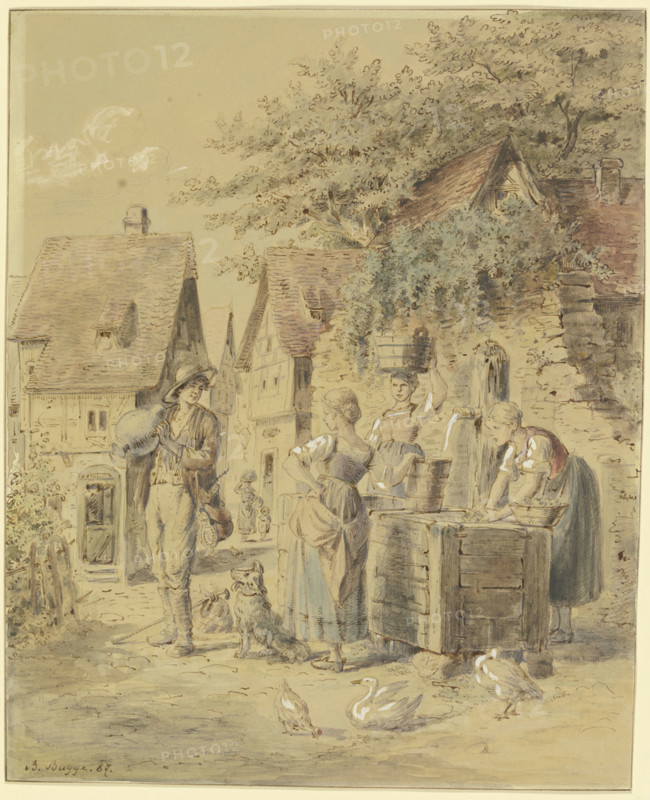 Maids and a journeyman at the well, 1887. Creator: Bertha Bagge.