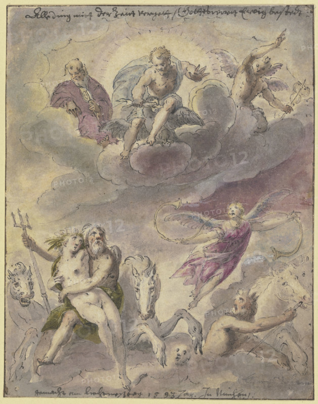 Neptune and Amphitrite with sea gods, horses, and the flying Fama; Jupiter, Mercury..., 1593. Creator: Georg Beham.