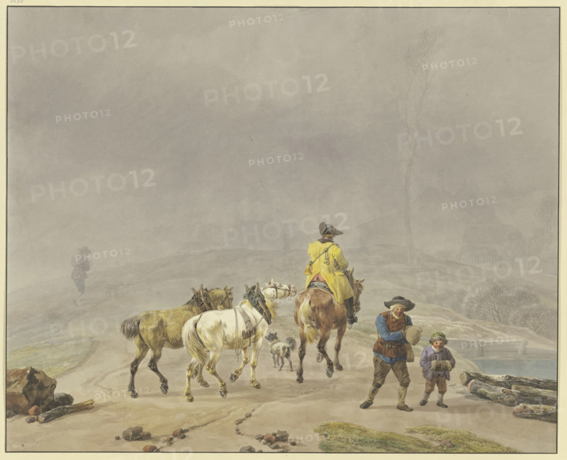 Mounted postilion with two lead horses in a winter landscape, 18th century. Creator: Wilhelm von Kobell.