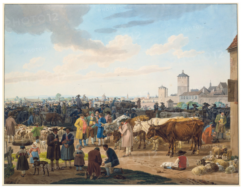 Cattle market on the outskirts of a town, c1802. Creator: Wilhelm von Kobell.