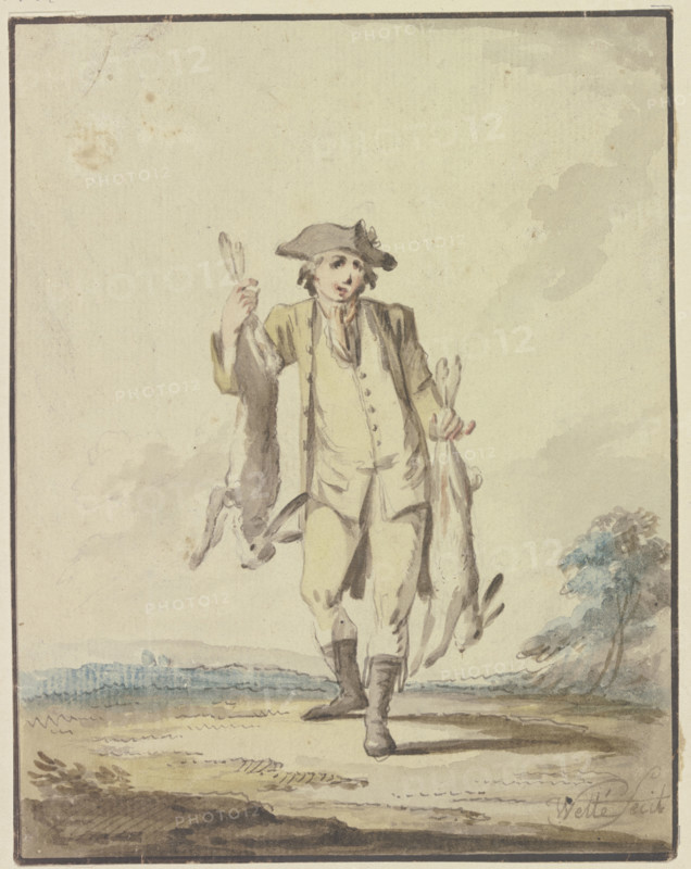 Hunter carrying two hares, late 18th century. Creator: Gottlieb Welte.