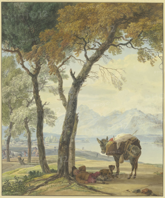 Sleeping donkey driver under a tree by a lake, 18th century. Creator: Wilhelm von Kobell.